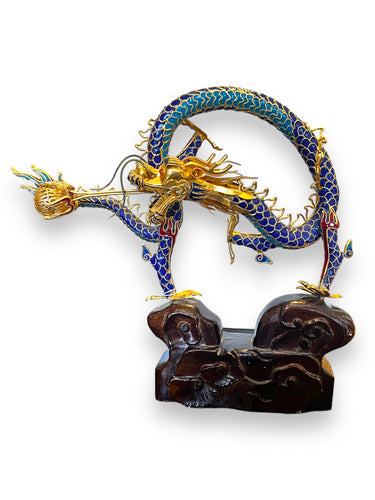 Chinese Cloisonné Blue and Gold Dragon Statue with Hardwood Base - DeFrenS