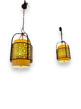 Load image into Gallery viewer, Mid Century Brass Cage Chandeliers with Silk Shades - Set of Two - DeFrenS
