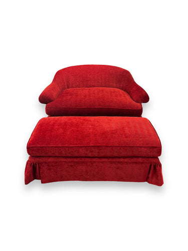 Red Chenille Settee with Foot Rest - DeFrenS