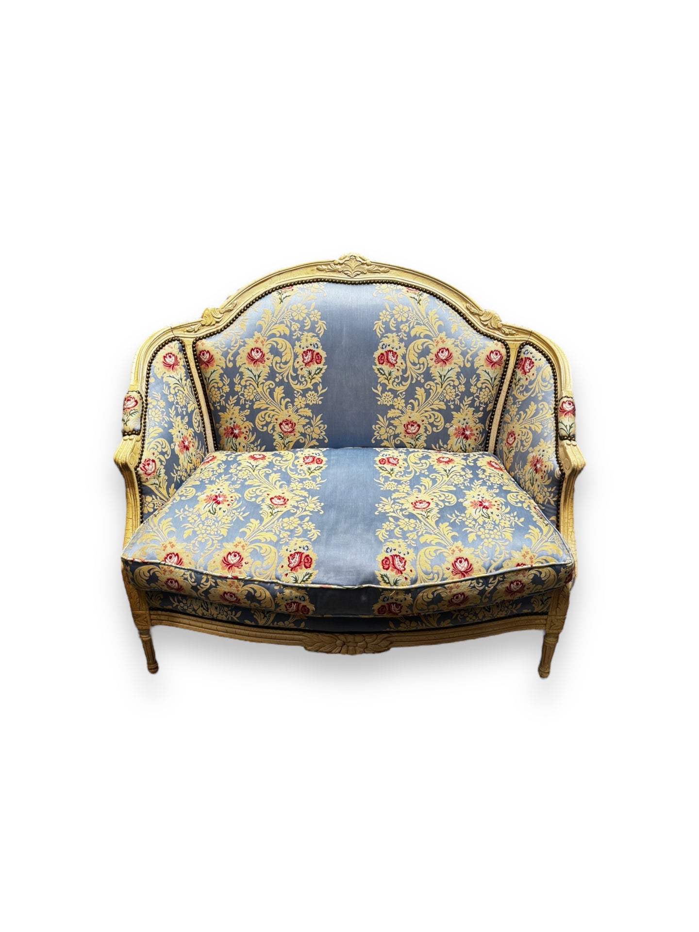 Settee with Floral Blue Upholstery - DeFrenS