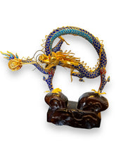 Charger l&#39;image dans la galerie, Chinese Cloisonné Blue and Gold Dragon Statue with Hardwood Base - DeFrenS
