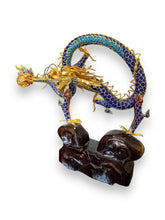 Cargar imagen en el visor de la galería, Chinese Cloisonné Blue and Gold Dragon Statue with Hardwood Base - DeFrenS
