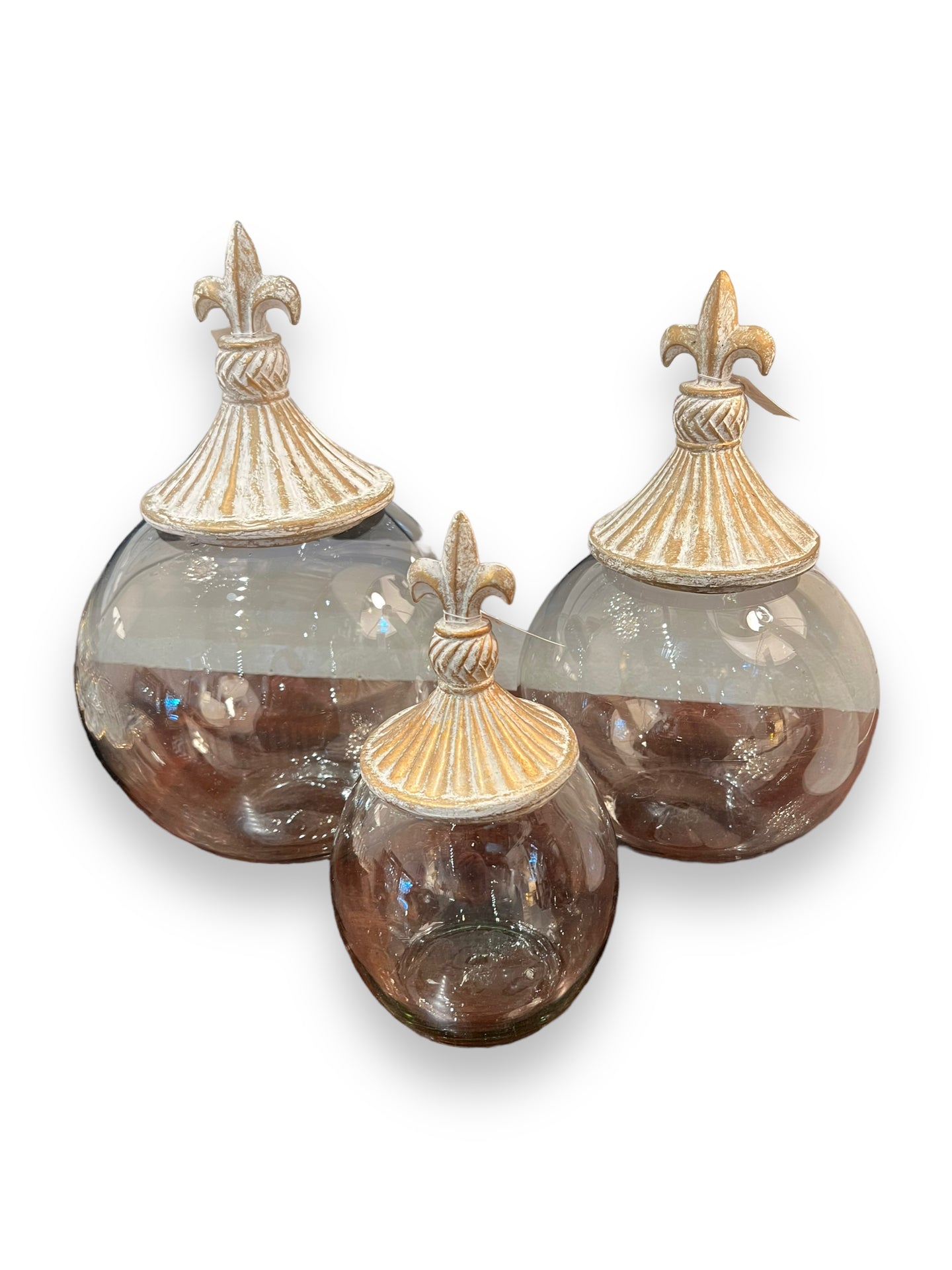 Set of 3 Decorative Gilded Bowl Globes with Fleur de lis Lids - DeFrenS
