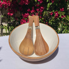 Load image into Gallery viewer, Small Swirl Pattern On Bone &amp; Olive Wood Salad Set - DeFrenS
