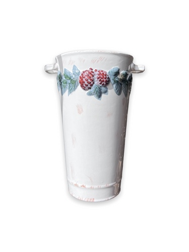 Vintage Pine Ceramic White Vase with green and Red Floral Ornaments - DeFrenS